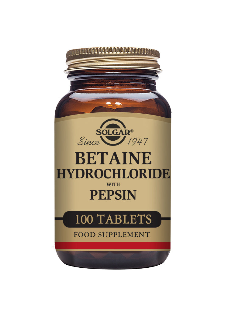 Betaine Hydrochloride med Pepsin (innehåller mjölk) 100 tabletter - Solgar